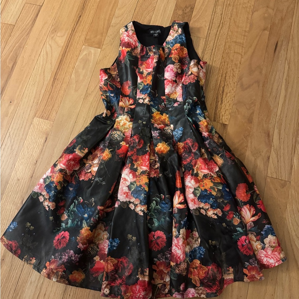 Elegant Faux Leather Floral Kids Dress - size 8